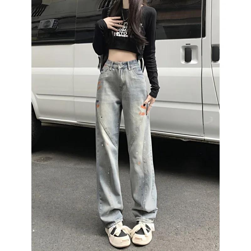 Streetwear Vintage Jeans High Waisted Retro Blue Y2k Fashion Splash Ink Trousers For Women Summer Korean Style Denim